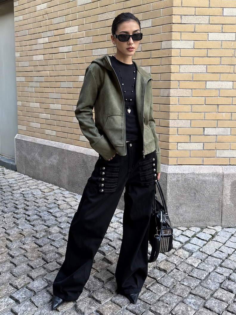 Faux Suede Hooded Zip Jacket in Olive Green — full-body street styling view
