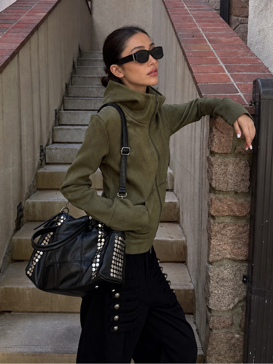 Faux Suede Hooded Zip Jacket in Olive Green — zipped high-collar side view