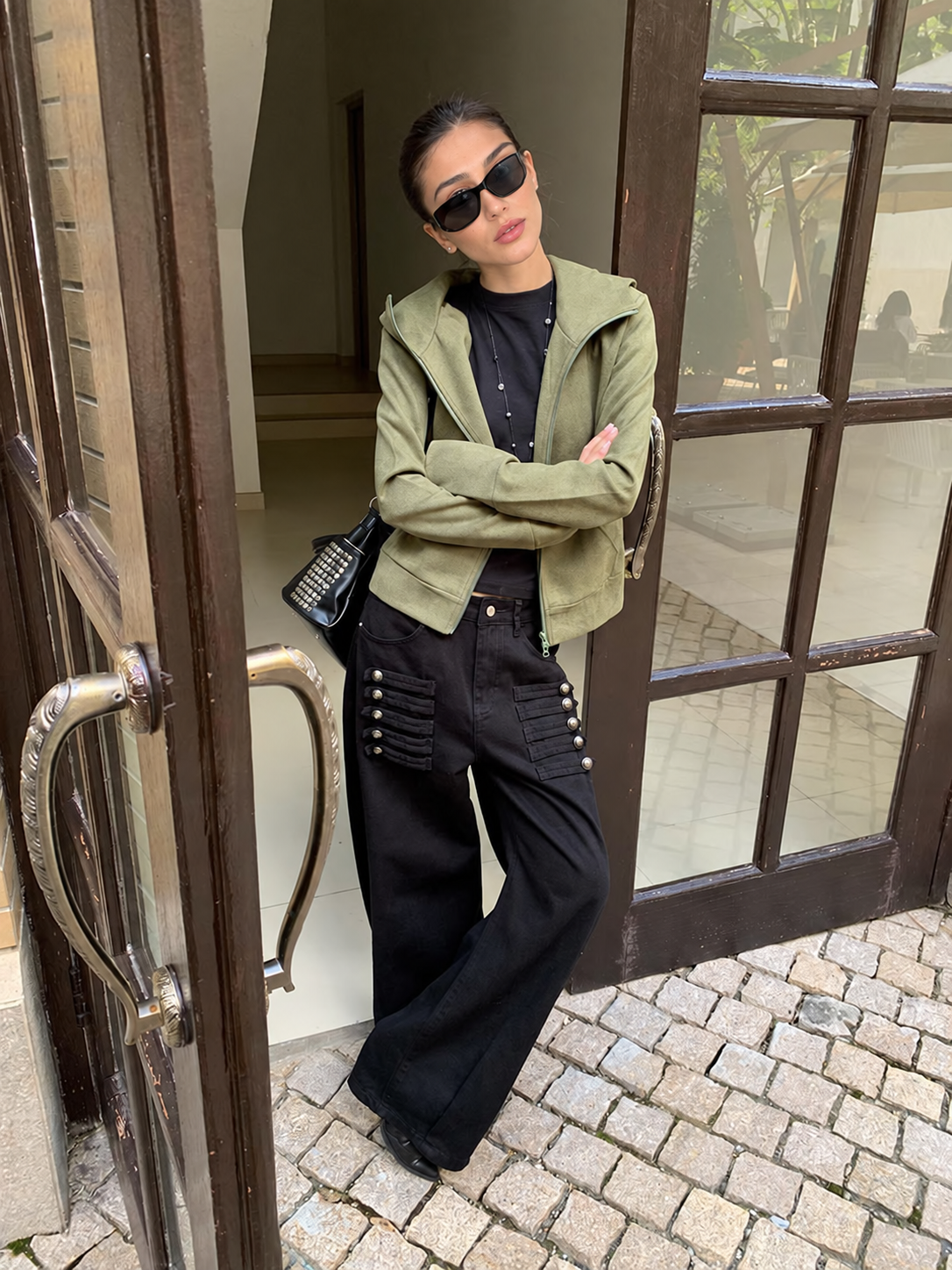 Faux Suede Hooded Zip Jacket in Olive Green — open front styling view