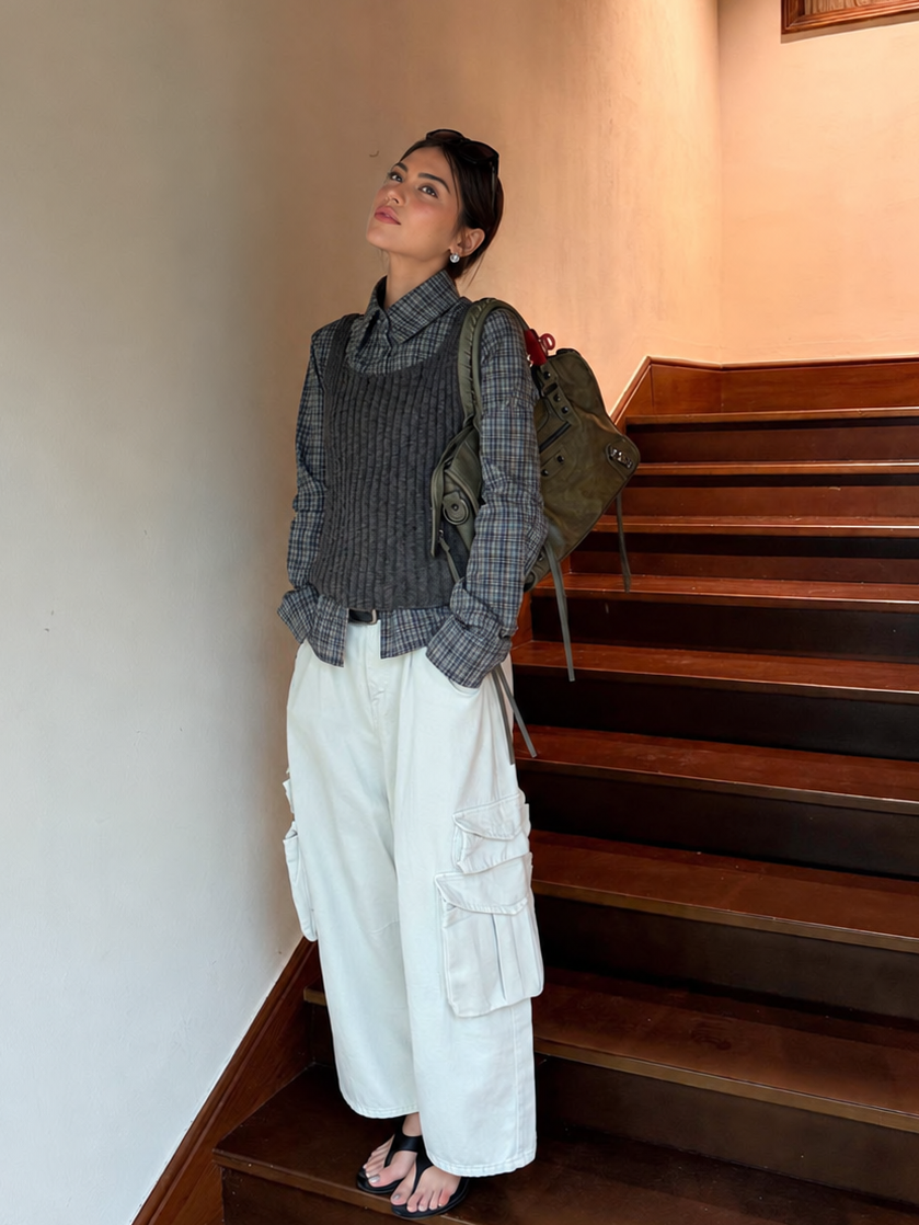 Fitted Collared Long Sleeve Shirt in Charcoal Plaid – full-length layered outfit