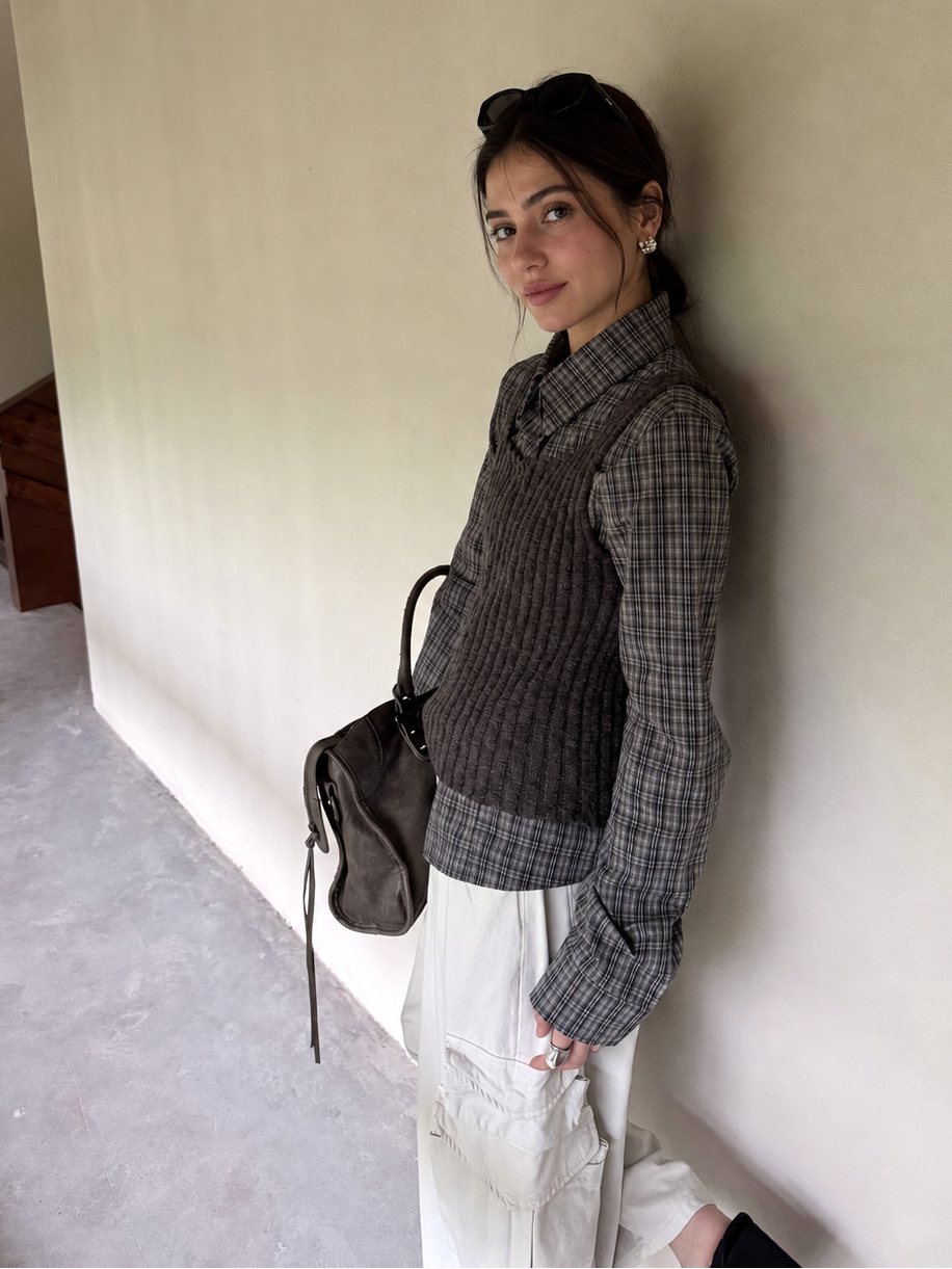 Fitted Collared Long Sleeve Shirt in Charcoal Plaid – side layered styling