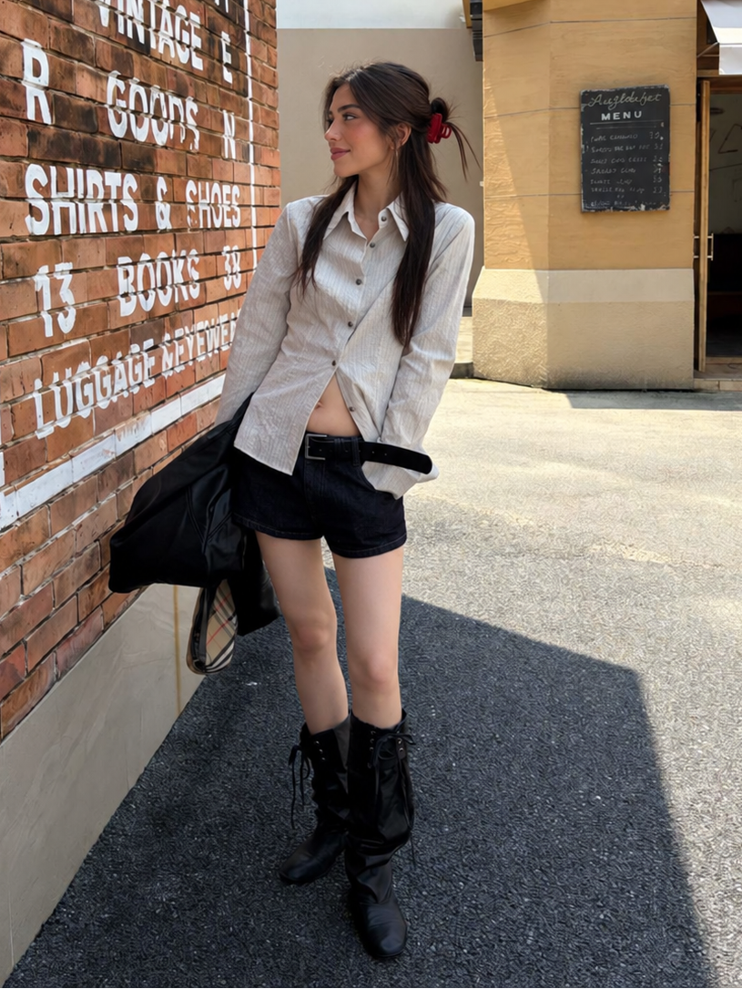 Fitted Collared Long Sleeve Shirt in Ivory – front outdoor styling