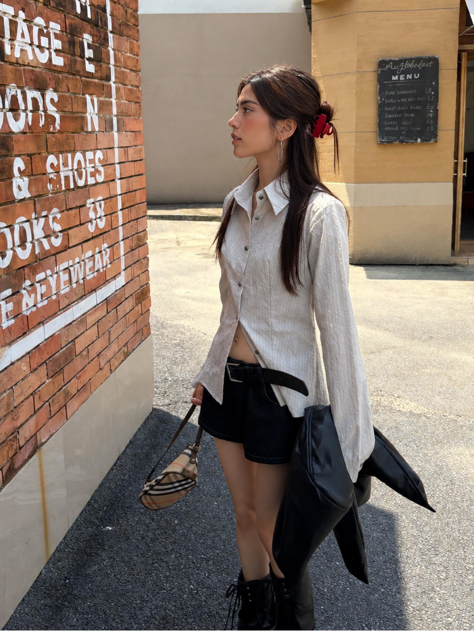Fitted Collared Long Sleeve Shirt in Ivory – side lifestyle view