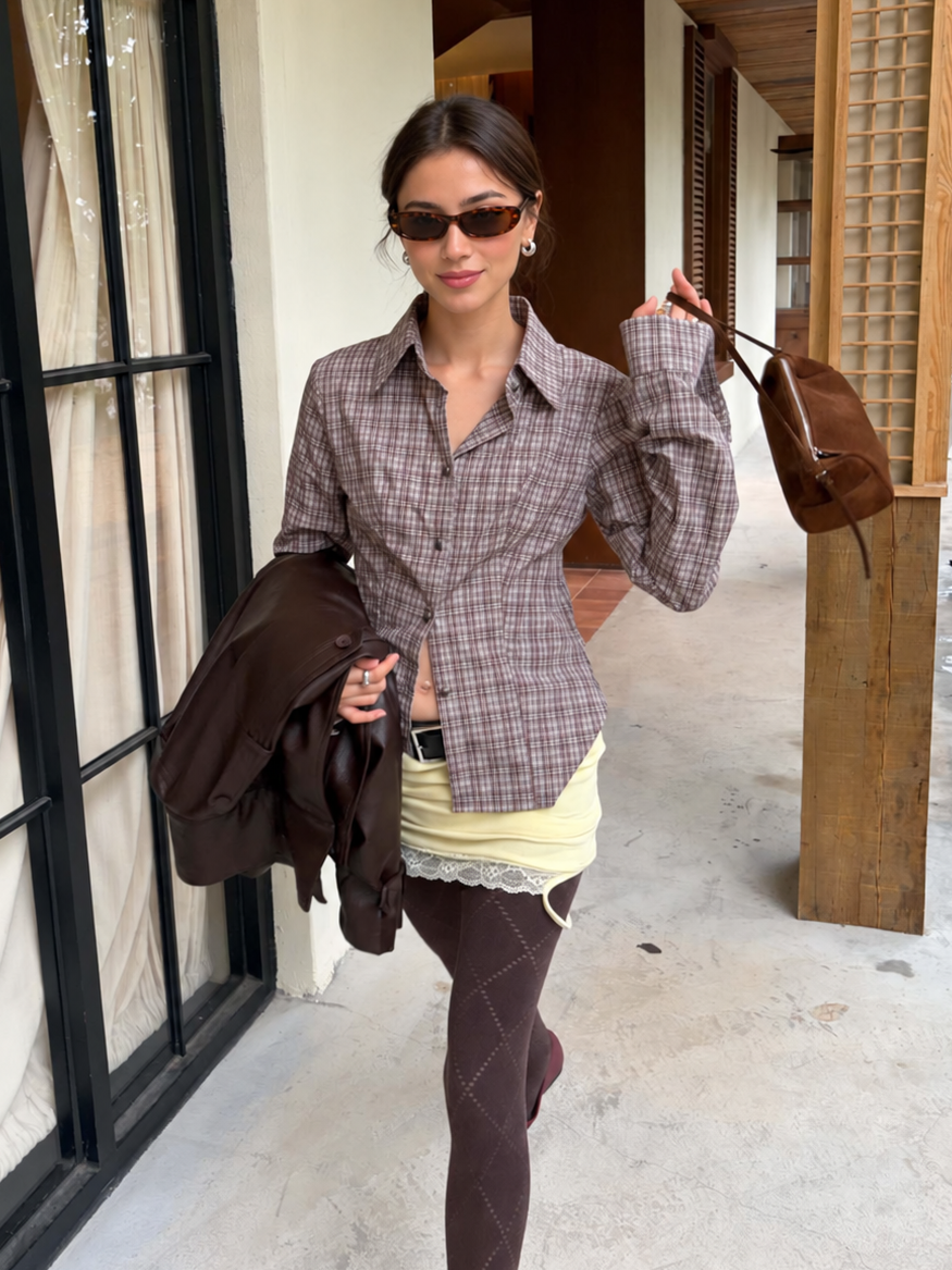 Fitted Collared Long Sleeve Shirt in Mocha Plaid – front lifestyle view