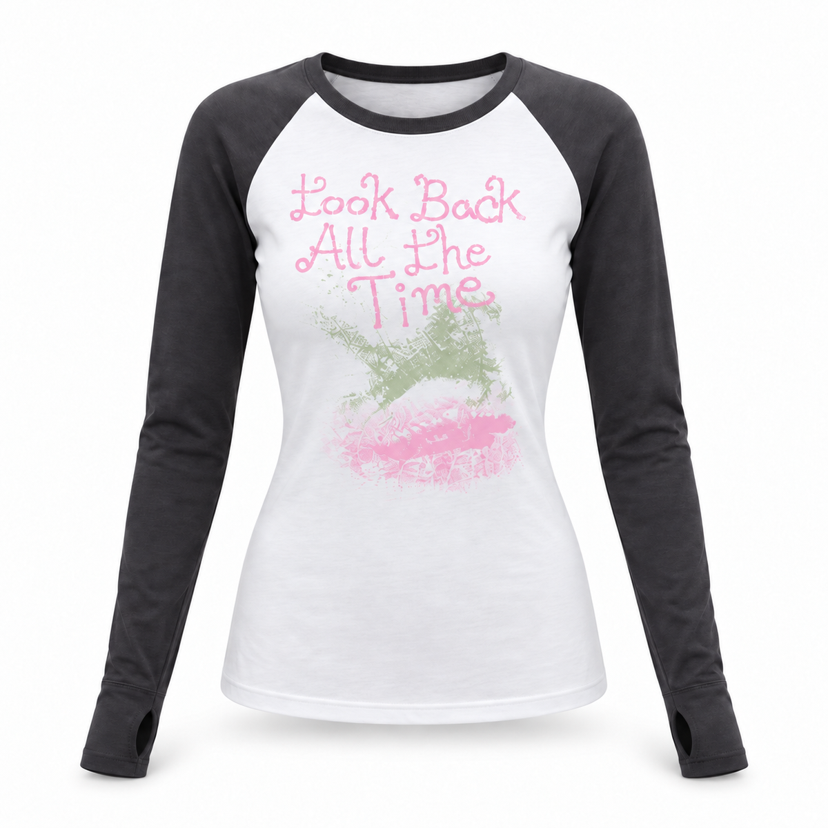 Look Back graphic raglan top in white and charcoal – 3D front view on white background