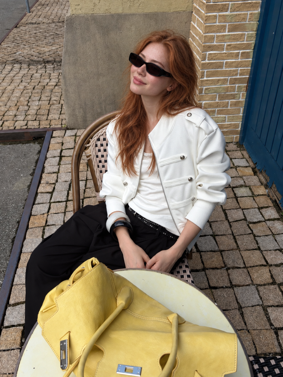 Model relaxing in the Florise Studio Military Cropped Jacket in Ivory White, highlighting the clean military-inspired design and premium structured fabric.