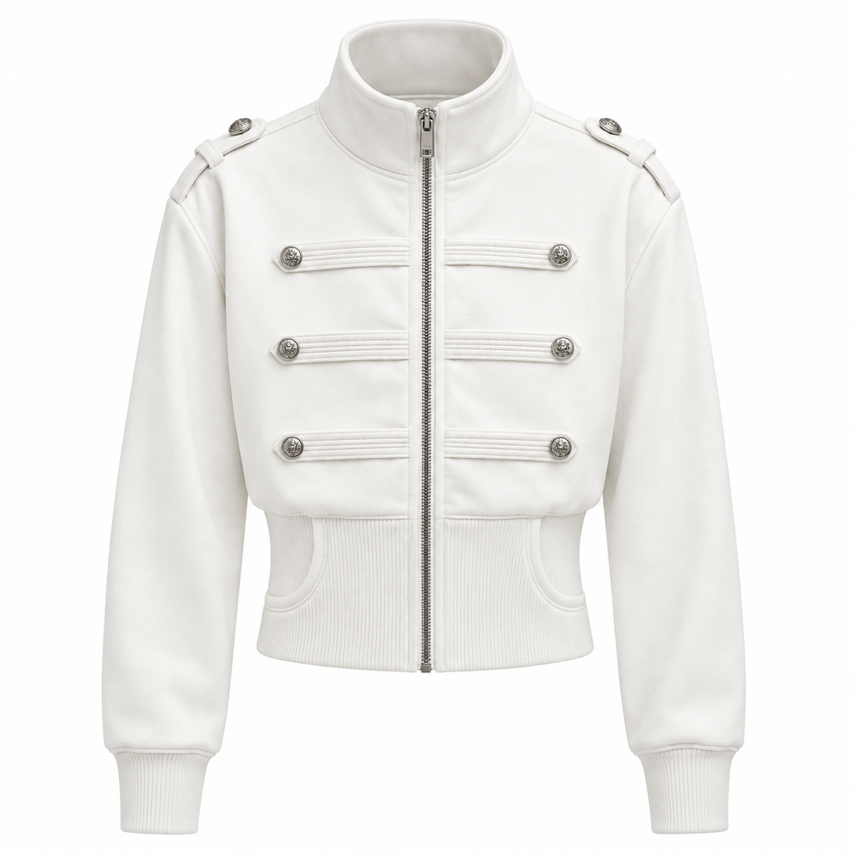 Florise Studio Military Cropped Jacket in Ivory White featuring a structured stand collar, decorative silver buttons, cropped fit, and ribbed waistband.