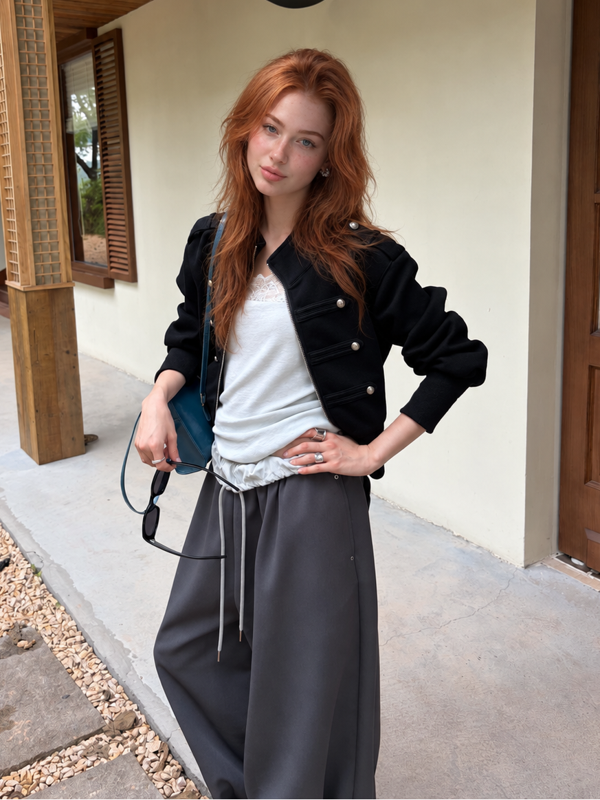 Model styling the Florise Studio Military Cropped Jacket in Midnight Black with relaxed drawstring trousers for a modern everyday look.