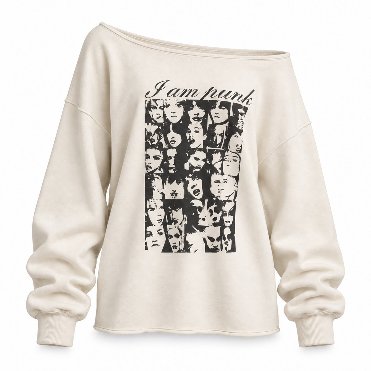 Off-Shoulder Cotton Graphic Top in cream – 3D front view on white background