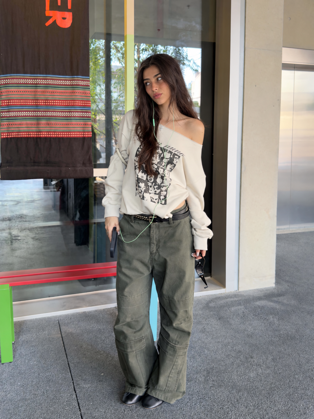 Off-Shoulder Cotton Graphic Top in cream – full-length front styling with cargo trousers