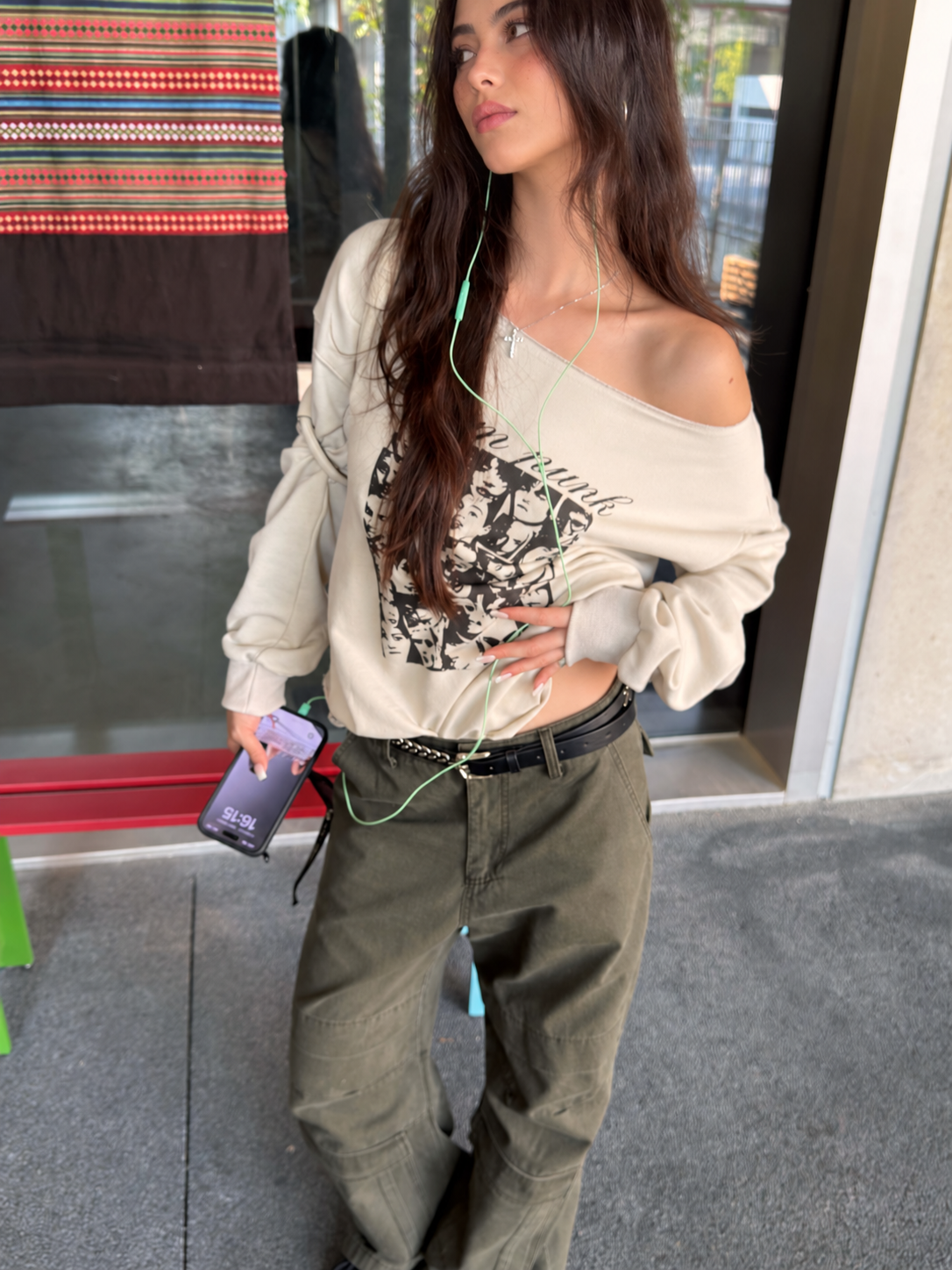 Off-Shoulder Cotton Graphic Top in cream – front view with one shoulder exposed