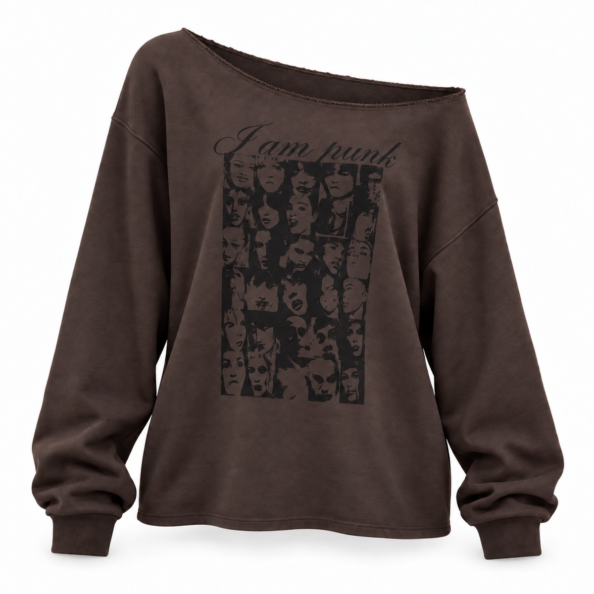 Off-Shoulder Cotton Graphic Top in dark brown – 3D front view on white background