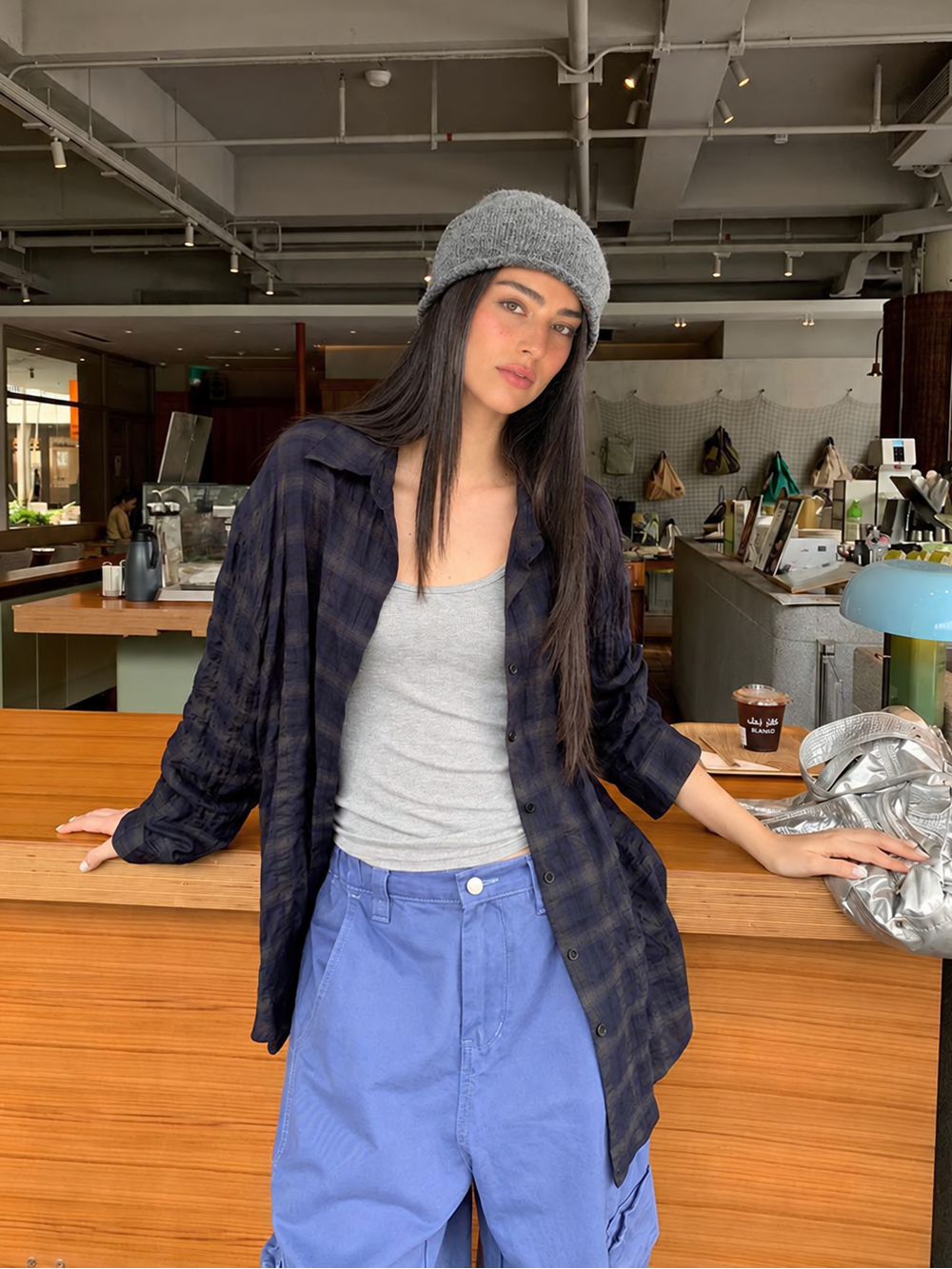Oversized Textured Plaid Long Sleeve Shirt in Navy Plaid — front café styling view
