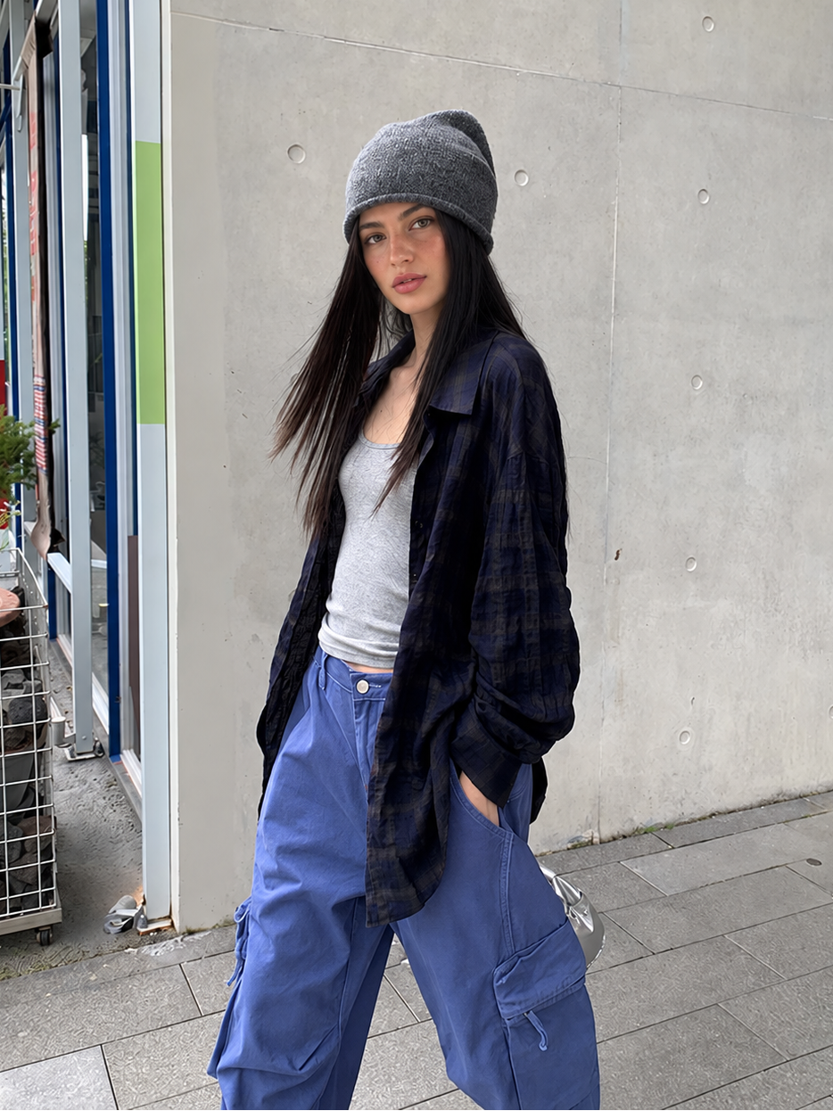 Oversized Textured Plaid Long Sleeve Shirt in Navy Plaid — front standing view