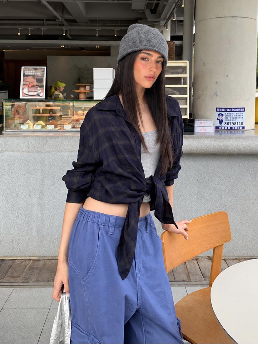 Oversized Textured Plaid Long Sleeve Shirt in Navy Plaid — tied waist styling view