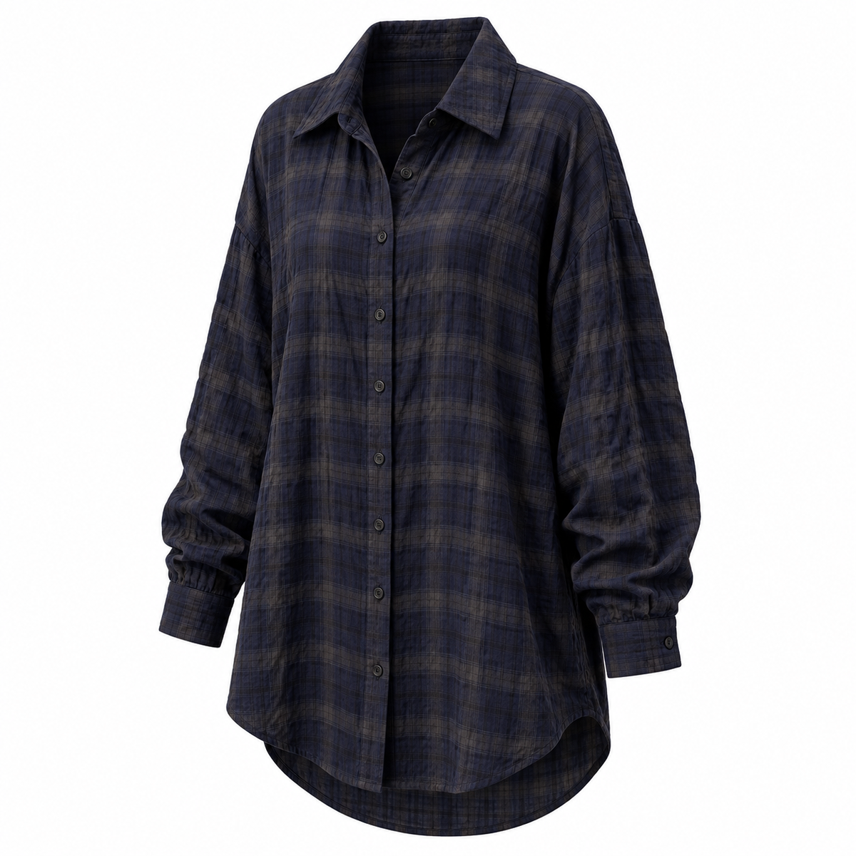 Oversized Textured Plaid Long Sleeve Shirt in Navy Plaid — white background product view