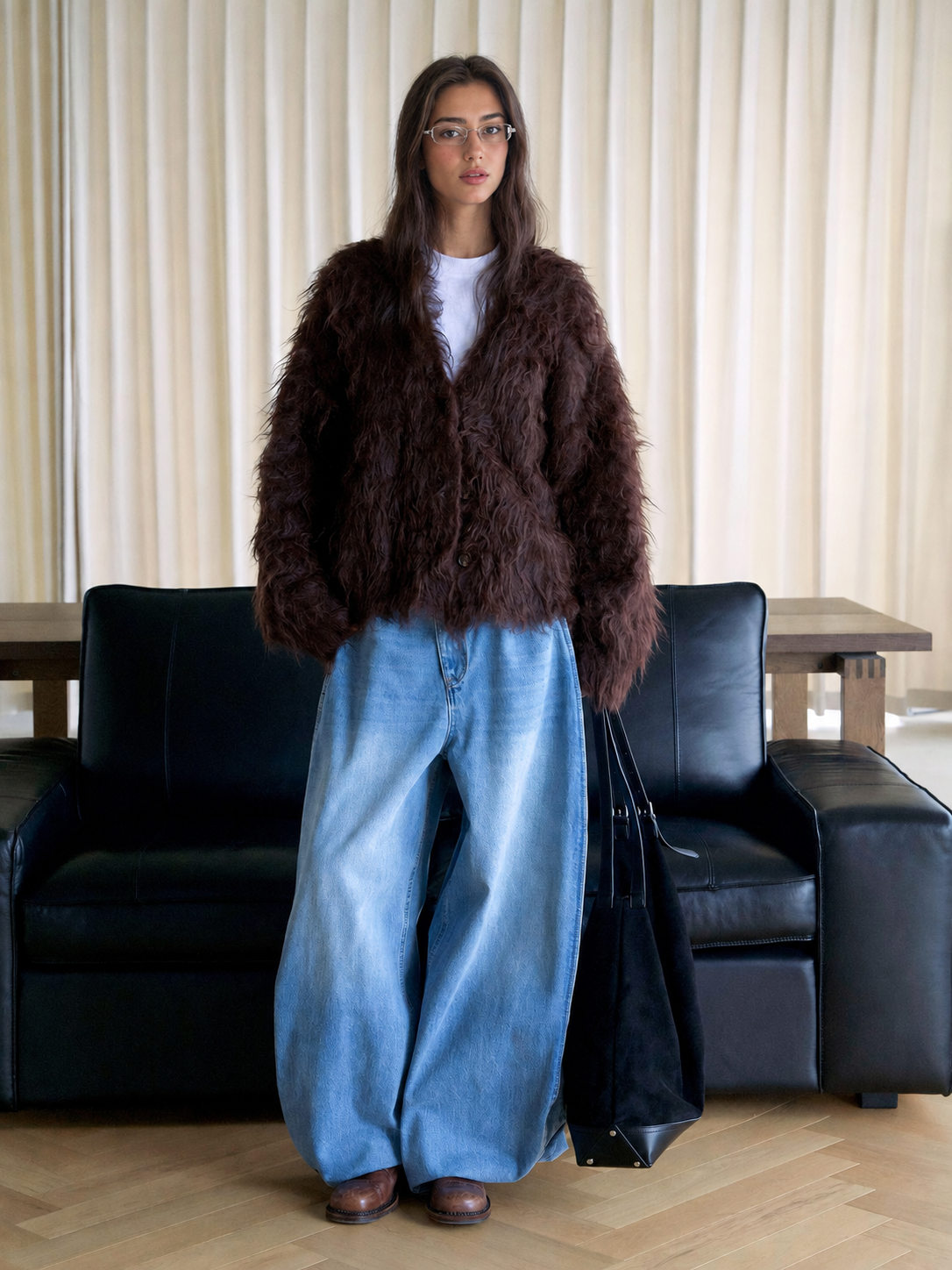 Shaggy V-Neck Button Cardigan in Chocolate Brown — full front styling view