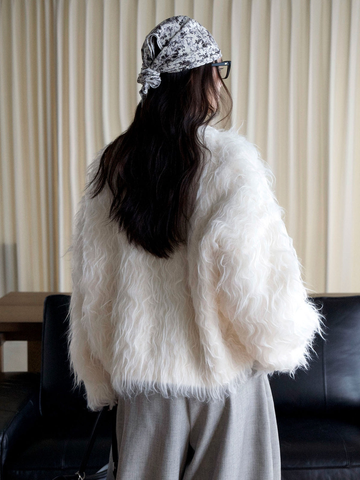 Shaggy V-Neck Button Cardigan in Ivory — back view