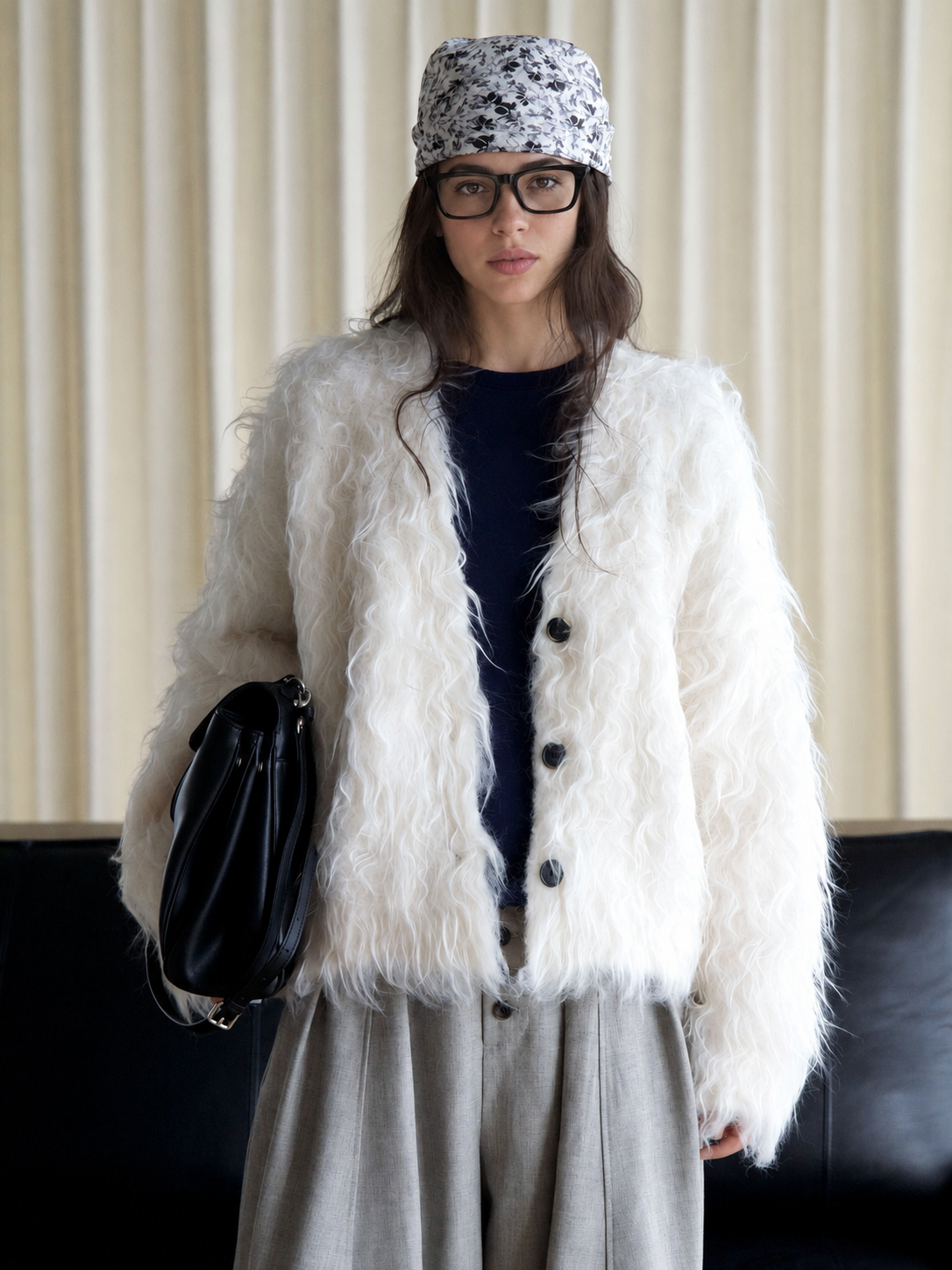 Shaggy V-Neck Button Cardigan in Ivory — close front styling view