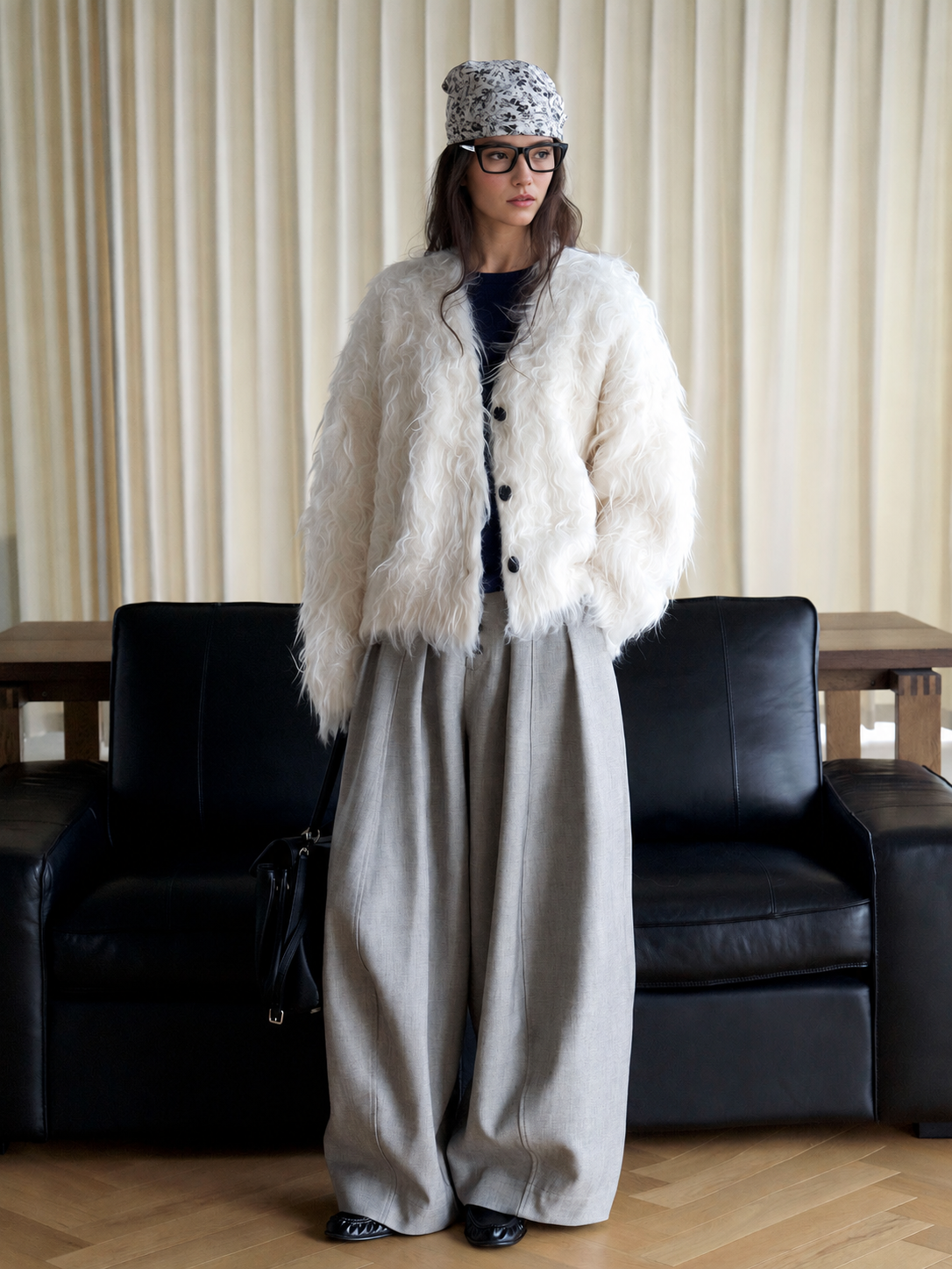 Shaggy V-Neck Button Cardigan in Ivory — front styling view