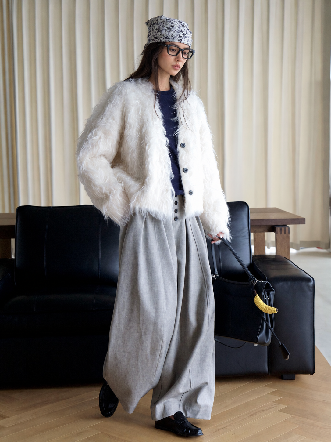 Shaggy V-Neck Button Cardigan in Ivory — full-length styling view