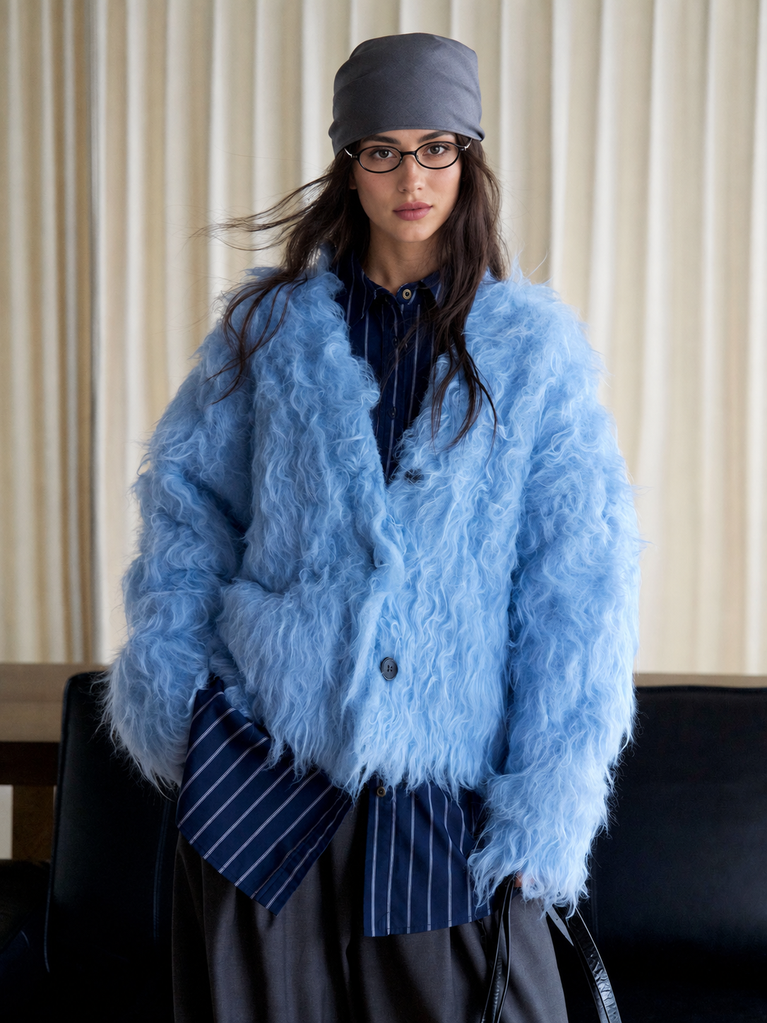 Shaggy V-Neck Button Cardigan in Sky Blue — close front styling view