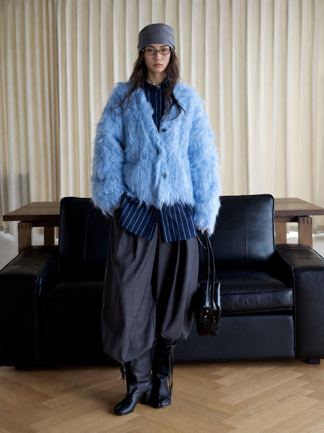 Shaggy V-Neck Button Cardigan in Sky Blue — full front styling view