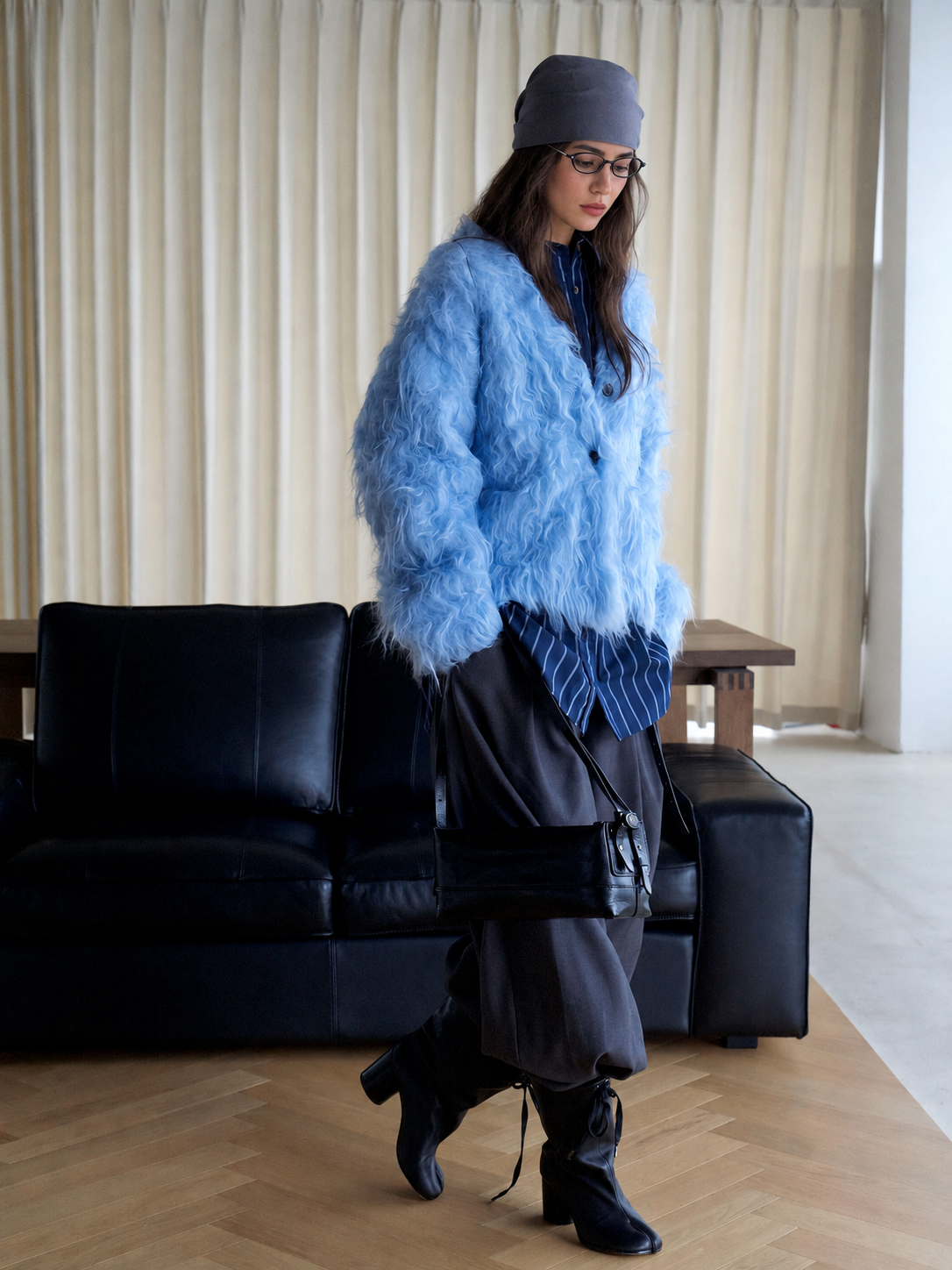 Shaggy V-Neck Button Cardigan in Sky Blue — side styling view