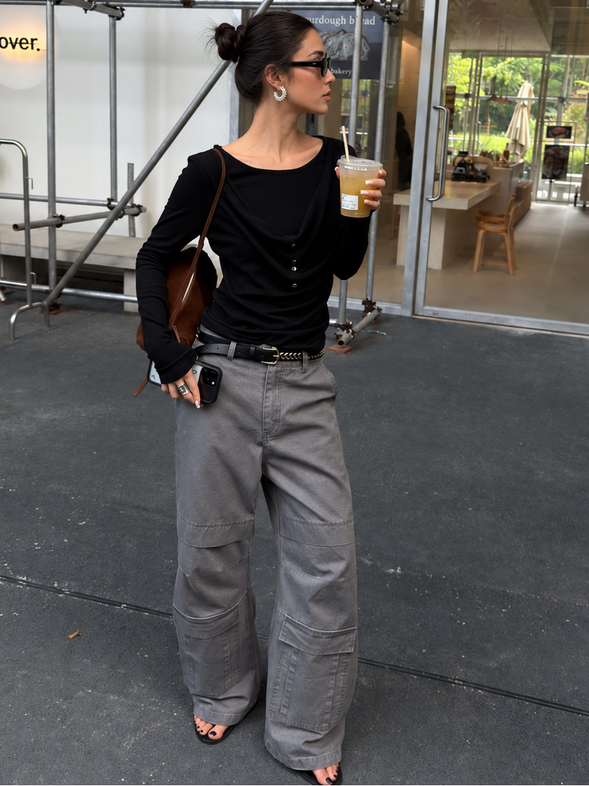 Back styling view of washed gray cargo pants