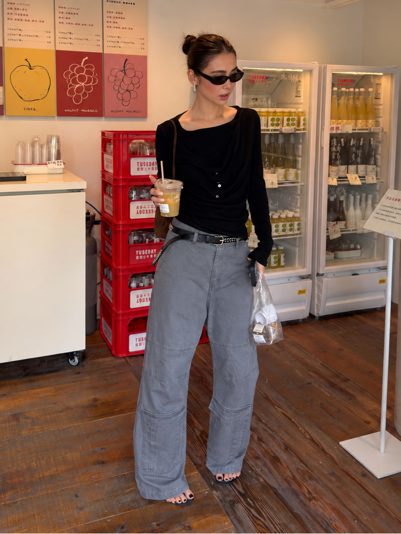 Full front styling view of washed gray cargo pants