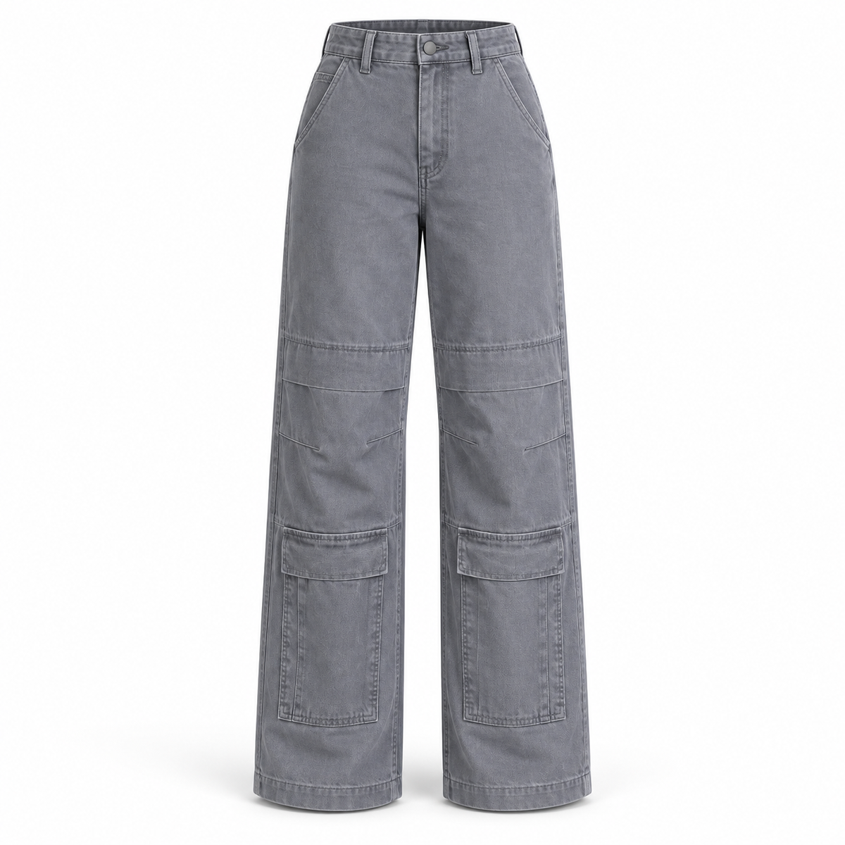 Washed gray cargo pants on white background