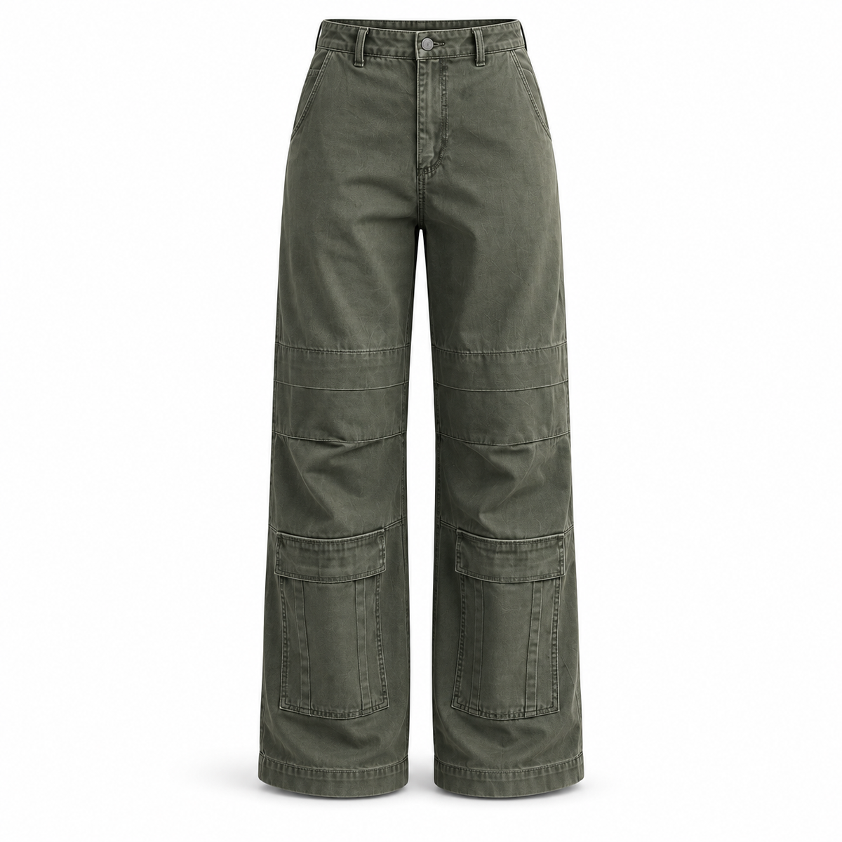 Washed olive cargo pants on white background