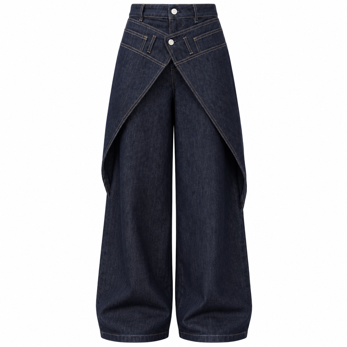 Studio product image of Midnight Indigo Asymmetric Wrap Wide Leg Jeans showing the full silhouette and wrap construction.