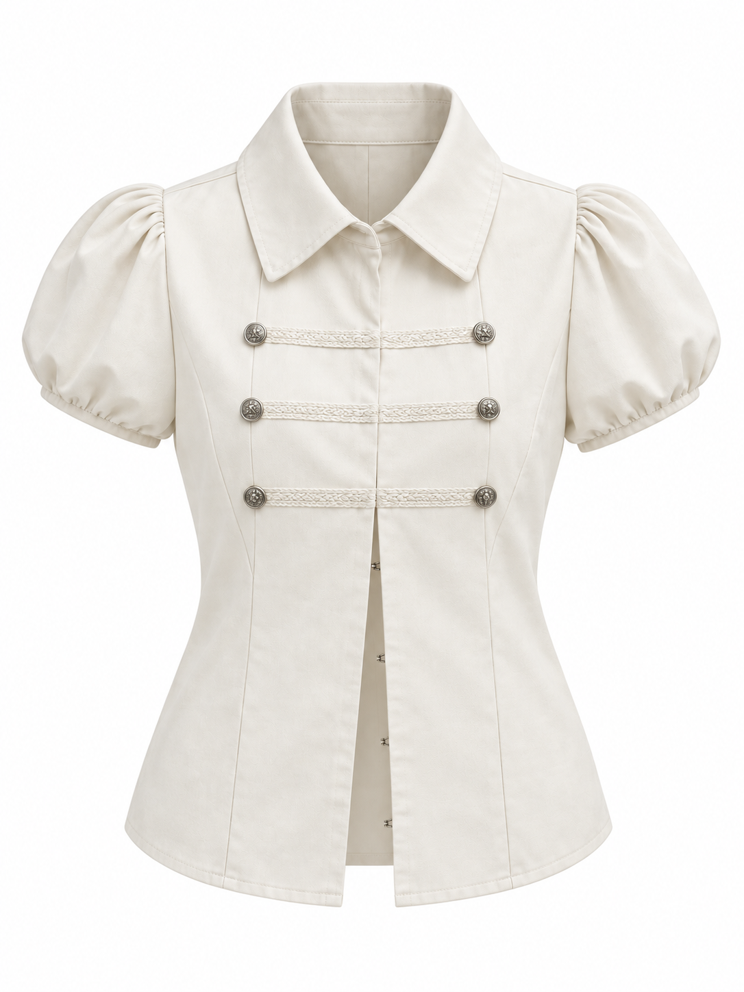 Vintage Military Puff Sleeve Shirt in Ivory Cream featuring puff sleeves, decorative military-style buttons and a fitted silhouette.