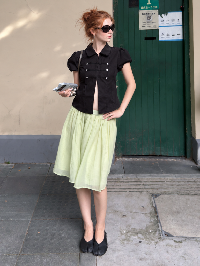 Midnight Noir Vintage Military Puff Sleeve Shirt with puff sleeves styled for a modern minimalist fashion look.